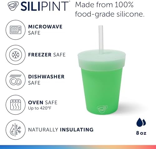 Silipint 8oz Silicone Tumbler with Straw and Lid – Unbreakable, BPA Free, Non-Toxic, Dishwasher, Microwave, Freezer Safe Tumbler Cup – Reusable Drinkware for Juice (Glow Green, 8oz - Pack of 4) - Image 2