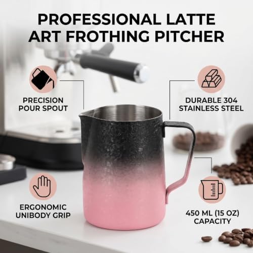 Coffee Milk Frothing Pitcher with Spout, 450ML Stainless Steel Espresso Steaming Pitcher, Milk Frother Steamer Cup Frothing Creamer Jug for Cappuccino Latte Art Coffee Machine (Gradient Pink) - Image 3