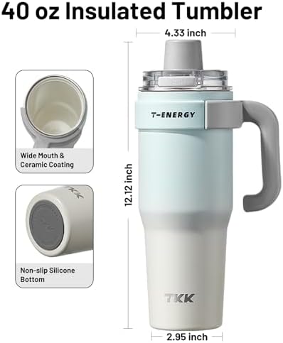 TKK 40 oz Tumblers with Handle and Straw, Ceramic Coating Insulated Bottle 100% Leakproof Travel Mug for Water, Iced Tea or Coffee, Smoothie, Cup Holder Friendly Base, BlueWhite - Image 6