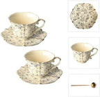 Vintage Floral Porcelain Tea Cup and Saucer Set with Spoon, Gold Trim, 6.4 oz – Set of 2, Beige – Tea & Espresso & Coffee Cups (2, Beige) by Unknown