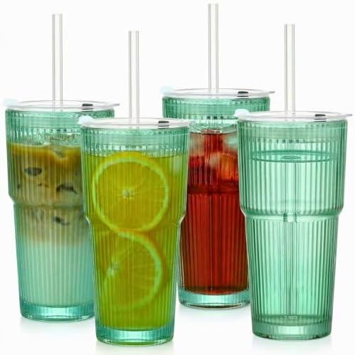 20 oz Ribbed Glass Tumbler with Lid and Straw, Green Glass Iced Coffee Cups, Spill-proof Glasses Tumbler, Drinking Glasses Set of 4, Vintage Glassware for Cocktail, Juice, Smoothies by Unknown