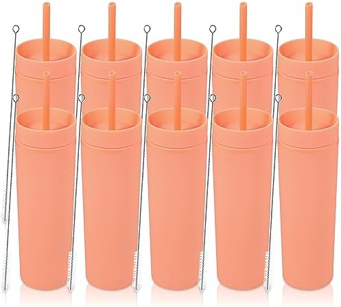 Volhoply 16oz Plastic Skinny Tumbler with Lid and Straw Bulk 10 Pack,Insulated Double Wall BPA Free Matte Acrylic Tumblers,Iced Coffee Travel Reusable Party Cup,Customizable Diy Gifts(Orange,10 Set) by LiveFully%EF%BC%8CDrinkFreely%E2%80%94KeepGoingwithVolhoply%EF%BC%81