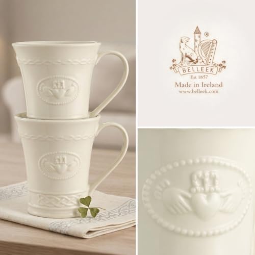 Belleek Classic Claddagh 10 oz Irish Coffee Mug Set, Handcrafted Parian China Ceramic Cups, Irish Symbol Design, Set of 2, White - Image 5