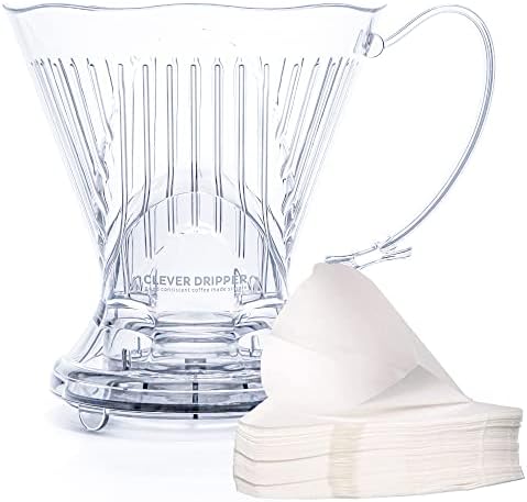 Clever Coffee Dripper and Filters, Large 18 oz, Original Classic Design, Safe BPA Free Plastic, dripper coffee maker, drip coffee maker pour over, 100 filters, coaster and lid, 18 oz (Clear) by Clever