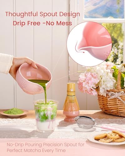 Matcha Whisk Set, 6pcs Matcha Set Includes Matcha Bowl with Spout, Bamboo Whisk & Scoop with Cute Charm, Chasen Holder, Innovative Sifter Handle, Tea Mat for Latte Making, Pale Pink - Image 6