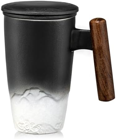 suyika Tomotime Ceramic Tea Cup with Infuser and Lid Tea Mugs Wooden Handle 400ml/13.5oz Black by suyika