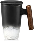 suyika Tomotime Ceramic Tea Cup with Infuser and Lid Tea Mugs Wooden Handle 400ml/13.5oz Black by suyika