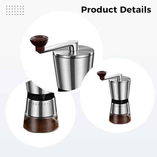 8 Gear Adjustable Coffee Grinder, Ceramic Burr Manual Hand Crank Mill, Travel Portable, 2.8 Oz Hopper, 6.5 Oz Chamber - Image 4