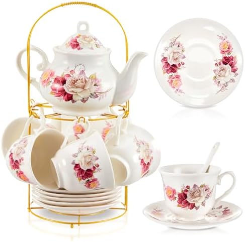 Zhehao 20 Pcs Porcelain Tea Set for Adult, with Metal Holder, Grace by Zhehao
