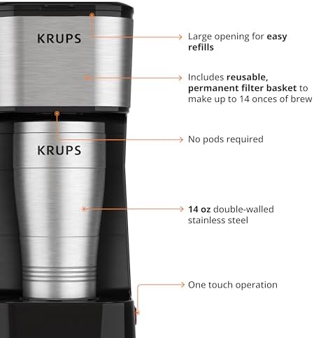 KRUPS: 2 Cup Coffee Maker, Simply Brew Stainless Steel Single Serve Drip Coffee Machine and Travel Tumbler 14 Ounce Stainless Steel Tumbler Included 650 Watts Coffee Filter, Compact Silver and Black - Image 6
