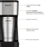 KRUPS: 2 Cup Coffee Maker, Simply Brew Stainless Steel Single Serve Drip Coffee Machine and Travel Tumbler 14 Ounce Stainless Steel Tumbler Included 650 Watts Coffee Filter, Compact Silver and Black - Image 6