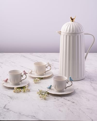 WOLFF 1 Liter White Bird Thermal Coffee Carafe, Plastic Exterior with Glass Lining Insulated Beverage Dispenser for Hot and Cold Drinks, Thermos Bottle for Tea, Water Pitcher - White, 34floz/1L - Image 6