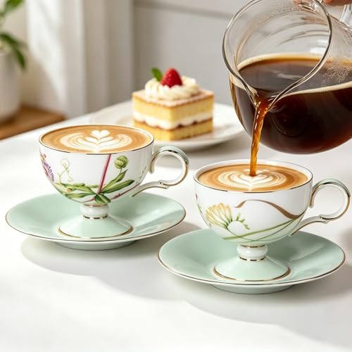 KAMMAK Tea Cups Set of 2,Ceramic Floral Pattern Demitasse Cup - Image 7