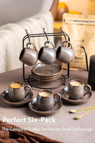 LYEOBOH 3 Ounce Espresso Cups and Saucers Set of 6, Ceramic Small Coffee Cups with Metal Holder and Spoons, Cute Demitasse Cups for Tea, Espresso, Latte, Cafe Mocha, Brown - Image 7