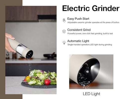 Electric Salt and Pepper Grinder Set Stainless Steel 2 Pack USB Rechargeable LED One Hand Off White - Image 2