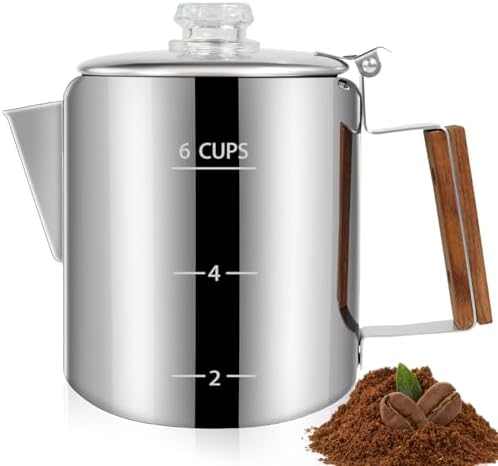 6 Cup Percolator 304 Stainless Steel Coffee Pot Coffee Maker Coffee Machine with Solid Wood Handle Transparent Knob Stovetop Greca Mocha for Induction Home and Camping 1000ml 33.8oz by Theperfectcombinationofcoffeehomeandhealthylivingmakingeverydayadayofrituals