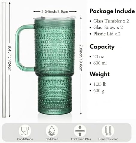 20 oz Green Glass Tumbler with Lid and Straw, Glass Iced Coffee Cups, Spill-proof Glasses Tumbler with Handle, Glasses Drinking Set of 2, Vintage Glassware for Cocktail, Smoothies - Image 7
