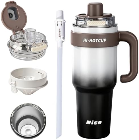 HI-Hotcup 40oz Insulated travel tumbler with Handle for car cup holder, 316 Stainless Steel & Ceramic Liner Vacuum Mug, Leak Proof Double Wall Water Bottle with Straw and Tea Infuser, Hot12H Cold 24H by Unknown