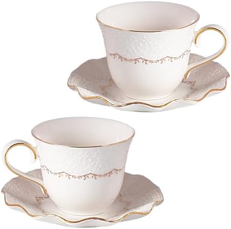 Tea Cups and Saucers Set of 2, 6.4oz Stackable Porcelain Coffee Cup, YFH11 by KAMMAK