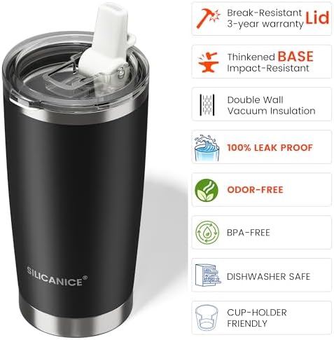 20oz Hygienic Insulated Tumbler — 100% Leakproof Lid with Removable Spout & Straw, Reinforced Vacuum-Protection Base, Cup Holder Friendly, for Iced Coffee, Smoothie/Water on the Go - Black - Image 6