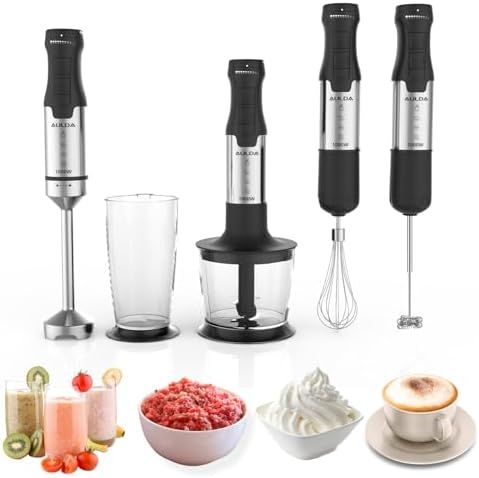 1000W 5-in-1 Immersion Hand Blender - 20 Speeds, Stainless Steel Stick Blender with Mixing Beaker, Chopper Bowl, Milk Frother, Egg Whisk for Smoothie, Baby Food, Sauces Red,Puree, Soup by Aulonda