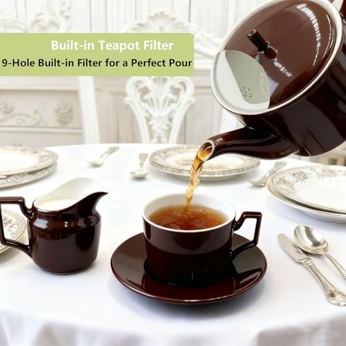 Brown English Tea Set with Teapot, Cups, Sugar & Creamer Set - Image 2