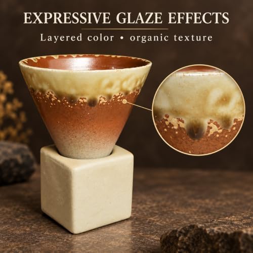Ceramic Pedestal Coffee Cup, 7 Oz Flared Mug with Square Holder, 25 Colors (Caramel Drip) - Image 4