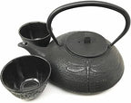 Ebros Gift Traditional Tetsubin Feng Shui Black Tombo Dragonfly Engraved Heavy Cast Iron Tea Pot And Cups Set Serves 2 Home Decor Zen Asian Fusion And Housewarming Accent Decorative Teapots - Image 3