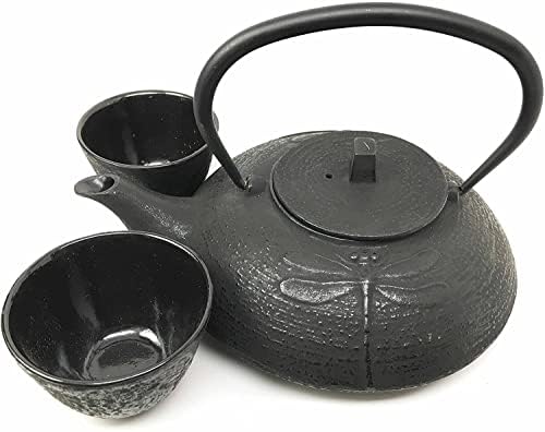 Ebros Gift Traditional Tetsubin Feng Shui Black Tombo Dragonfly Engraved Heavy Cast Iron Tea Pot And Cups Set Serves 2 Home Decor Zen Asian Fusion And Housewarming Accent Decorative Teapots - Image 3