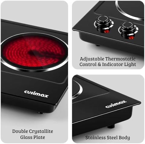 CUSIMAX Double Burner, 1800W Ceramic Electric Hot Plate for Cooking, Black - Image 2