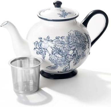 45 Ounce Tea Pot with Infuser, Ceramic Blue and White Teapot by Magclay