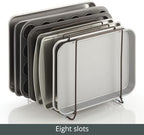 mDesign Large Metal Wire Organizer Rack for Kitchen Cabinet, Pantry, Shelves - Holder with 8 Slots for Baking Sheets, Skillets, Frying Pans, Pots, Lids, Cutting Boards, and Appliances - Bronze - Image 5