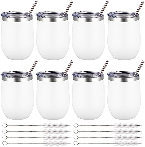 12 oz Insulated Wine Tumbler with Lid and Straw,Stainless Steel Stemless Wine Tumbler Glasses Double Wall Vacuum Wine Cups Tumbler Bulk for Coffee,Champaign,Cocktail (White,8) by FristChoice
