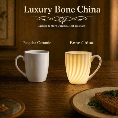 Fine Bone China White Coffee Mugs Set of 6 (12 oz), Ceramic Spiral Pattern Tea Cups, Thin China Coffee Cups, Lightweight Coffee Mugs for Hot Chocolate, Latte, Cappuccino - Image 4