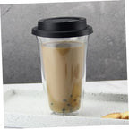 KICHOUSE Glass Coffee Mug with Silicone Lid 350ml Black Double Wall - Image 3
