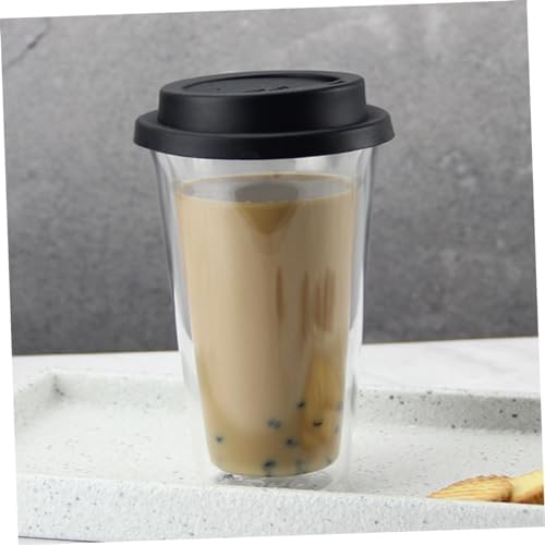 KICHOUSE Glass Coffee Mug with Silicone Lid 350ml Black Double Wall - Image 3