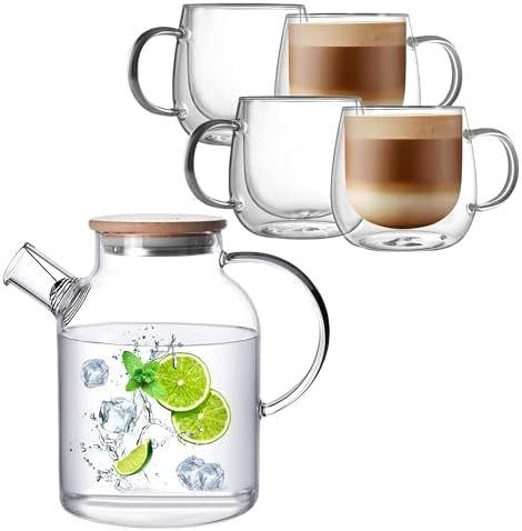 CNGLASS CnGlass16oz (4-pack) Double Wall Coffee Glass Mugs 50.7oz Glass Teapot Stovetop Safe by CNGLASS