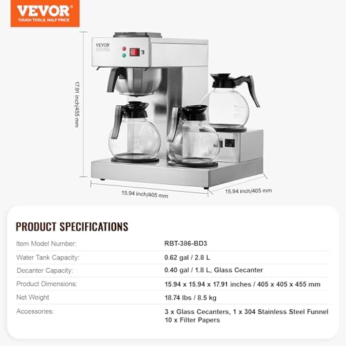 VEVOR 12 Cups Commercial Drip Coffee Maker, Coffee Maker Machine with 3 Glass Carafes and 3 Warmer Plates, Stainless Steel Pour Over Coffee Brewer for Restaurant, Office, Cafe - Image 7