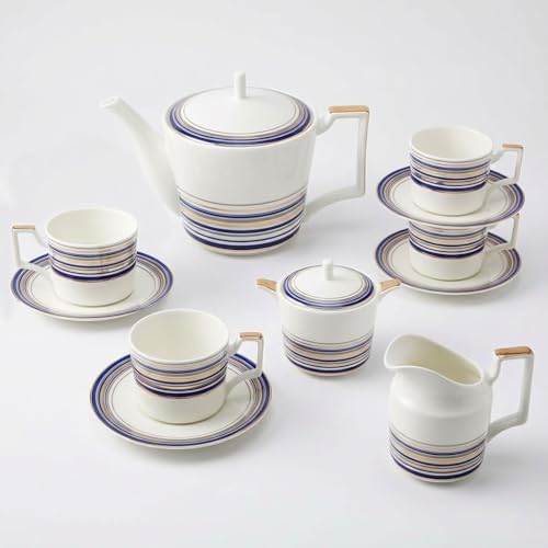 Vintage Tea Sets for Adults, Porcelain Complete Tea Sets - Golden&Blue Trim British Coffee Cups& Saucer Service for 4 with Teapot,Sugar Bowl,Creamer Pitcher for Gifts Kitchen&Party by Unknown