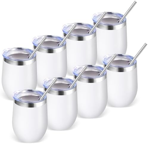 Volhoply 12oz Stainless Steel Wine Tumbler with Lid Bulk 8 Pack,Double Wall Vacuum Stemless Wine Glasses,Reusable Metal Travel Coffe Mug with Straw,Insulated Cup Gifts for Women,Christmas（White,8 Set） by LiveFully%EF%BC%8CDrinkFreely%E2%80%94KeepGoingwithVolhoply%EF%BC%81