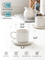 LE TAUCI 8 oz Stackable Latte Cups with Saucers and Stand, Set of 4, Large Ceramic Coffee Cup and Saucer Set for Tea, Cafe Au Lait, Microwave & Oven Safe - Embossed White - Image 3