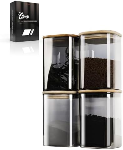 LIBWYS 4-Pack Anti-UV Square Glass Storage Jars with Bamboo Lids (1.22Qt) by LIBWYS