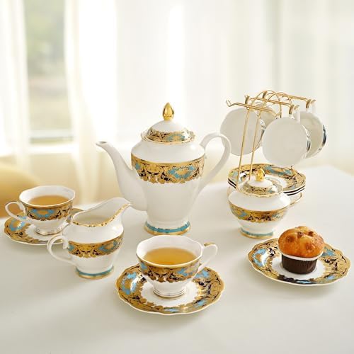 Luxury White & Gold Embossed Tea Cups and Saucers with Teapot, Sugar Bowl, & &Creamer, Vintage European Porcelain Coffee Set for Tea Party, Wedding, Gift (Turquoise&Gold, 17pcs/set) - Image 5