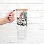 Sip-Sip Hooray! My Weekend Is Fully Booked 40oz Glass Tumbler with Handle, Lid and Straw, Book Lover Gift for Reader, Booktok Iced Coffee Cup - Image 2