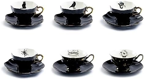 Grace Teaware 6 Assorted Halloween Tea Cup and Saucer Sets - Cat, Raven, Snake, Spider, Ouija Board, Witchy Crystal Ball by Unknown