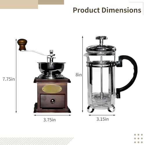 French Press Coffee Grinder Set, Metal and Wood Burr Grinder with French Press Coffee Maker, Smooth Coffee for Home and Camping, Coffee Table Decor, 7.9 x 5.1 x 2.6 in - Image 5