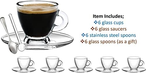 BOHEM'S Espresso Cups, 3.2 oz Small Demitasse Clear Glass Espresso Drinkware, Set Of Cups, Saucers and Stainless Steel mini Spoons + Free Glass Spoons (Set of 6) - Image 2