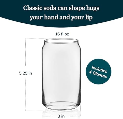 Libbey Classic Can Shaped Drinking Glasses Set of 4, Clear Kitchen Glass Tumbler, 16 Oz, Dishwasher Safe Glass Cups Set for Beverages and Cocktails - Image 3