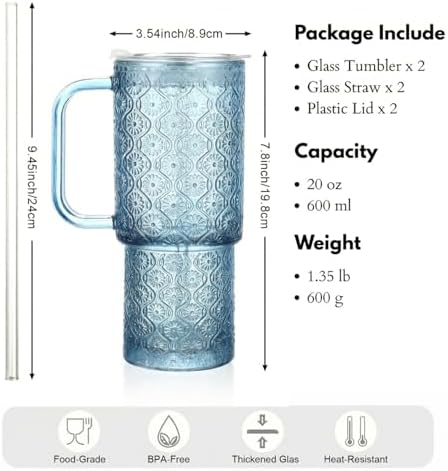 20 oz Blue Glass Tumbler with Lid and Straw, Glass Iced Coffee Cups, Spill-proof Glasses Tumbler with Handle, Hobnail Glasses Drinking Set of 2, Vintage Glassware for Cocktail, Smoothies - Image 7
