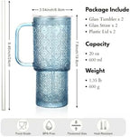 20 oz Blue Glass Tumbler with Lid and Straw, Glass Iced Coffee Cups, Spill-proof Glasses Tumbler with Handle, Hobnail Glasses Drinking Set of 2, Vintage Glassware for Cocktail, Smoothies - Image 7
